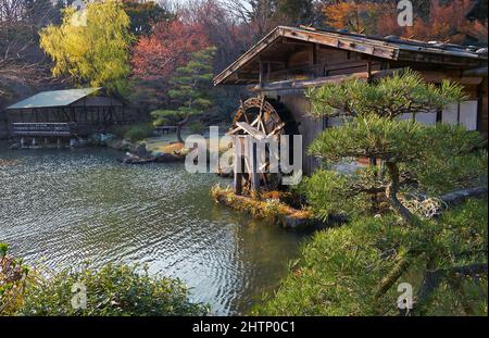 Vue sur le moulin à eau historique sur l'étang d'Okuike dans le zoo de Higashiyama et le jardin botanique dans la lumière du soir. Nagoya. Japon Banque D'Images