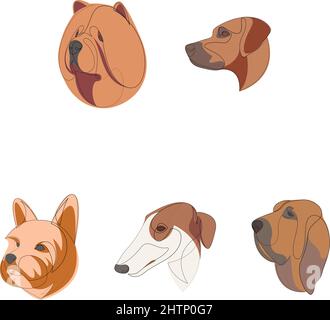 Races de chiens dessinées dans un style minimaliste. Chiens d'une ligne. Illustration vectorielle avec couleurs. Illustration de Vecteur