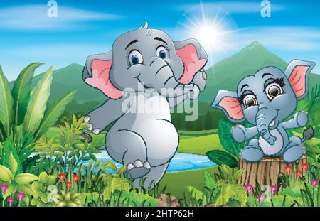 Dessin animé bébé et mère éléphant dans une belle nature Illustration de Vecteur