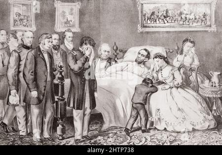 La mort du président Abraham Lincoln le 15 avril 1865, le matin après qu'il ait été abattu par John Wilkes Booth au théâtre Ford, Washington. Après une illustration contemporaine. Banque D'Images