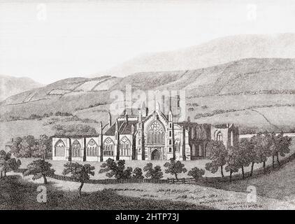 Abbaye de Melrose. Abbaye de St Mary, Melrose, frontières écossaises, Écosse. Après un travail dans les Antiquités d'Angleterre et du pays de Galles par Francis Grose publié en 1809. L'abbaye cistercienne fut fondée en 1136. Banque D'Images