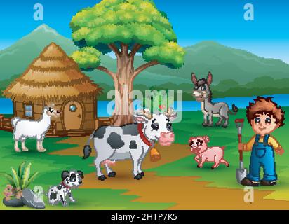 Activité agricole sur la nature avec ferme animale Illustration de Vecteur