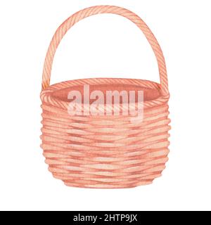 Un panier en osier. Illustration aquarelle vintage. Isolé sur un fond blanc. Pour votre conception.convient pour cartes postales, invitations, tissu, autocollant Banque D'Images