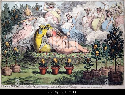 L'Orangerie, ou la Cupid néerlandaise en reposant, après les fatigues de plantation (1796) par James Gillray (1757-1815).caricaturiste et graveur britannique célèbre pour ses satires politiques et sociales gravées. Banque D'Images