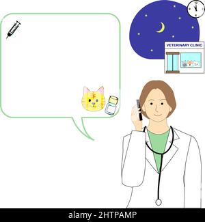 Scène nocturne de la clinique vétérinaire avec un ballon d'expression et une femme vétérinaire sur un téléphone cellulaire Illustration de Vecteur