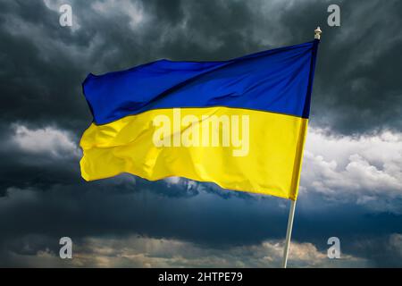 Drapeau national bicolore bleu et jaune ukrainien sur fond sombre ciel spectaculaire. Ukraine combat pour la liberté concept Banque D'Images