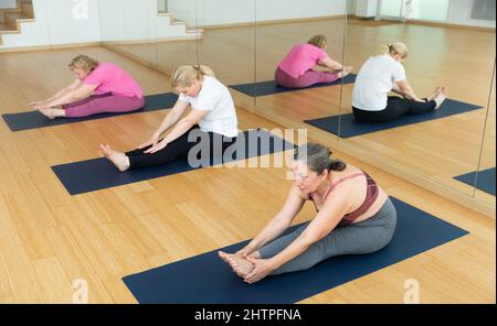 Groupe de femmes âgées actives pratiquant le yoga Banque D'Images