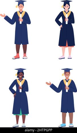 Jeu de caractères vectoriels de couleur semi-plats pour les diplômés de l'université et de l'école Illustration de Vecteur