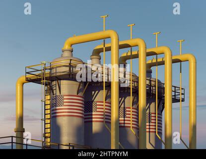 Réservoir de gaz naturel dans une usine de gaz avec drapeau Banque D'Images