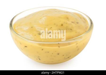 Sauce au miel et à la moutarde avec aneth dans un bol en verre isolé sur blanc. Banque D'Images