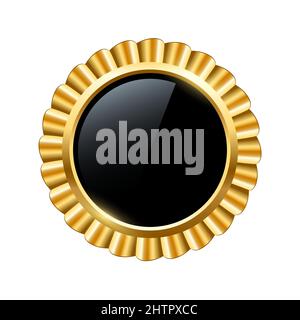 Médaille d'or avec illustration noire à motif vectoriel de boutons. trophée 3d cercle réaliste brillant emblème pour gagner la réalisation, autocollant d'étiquette pour la qualité exclusi Illustration de Vecteur