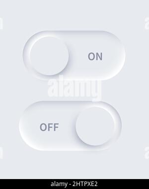 Neumorphisme UI, boutons on et off définit l'illustration vectorielle. 3D barres coulissantes blanches Neumorphic, badges d'alimentation de déverrouillage et de verrouillage actifs, interface utilisateur Illustration de Vecteur