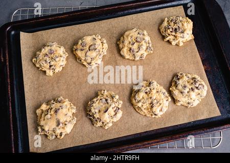 Biscuits aux pépites de chocolat au fromage à la crème en lot : biscuits aux pépites de chocolat sur une feuille de papier sulfurisé Banque D'Images