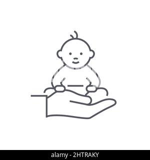 Nouveau-né - icône moderne de style de ligne noire sur fond blanc. Image nette et détaillée du bébé dans les mains d'un parent. Nouvelle vie, paren Illustration de Vecteur