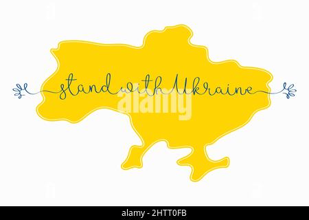 Tenez-vous avec l'Ukraine. Illustration vectorielle de la carte ukrainienne et lettrage continu d'une ligne avec des mains abstraites isolées sur fond blanc Illustration de Vecteur