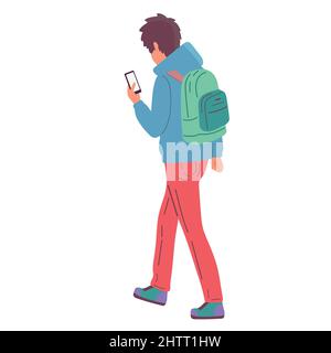 Guy voyageur avec un sac à dos. Utilise le navigateur du téléphone. Randonnée. Vecteur Illustration de Vecteur