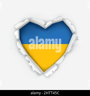 Coeur en papier déchiré avec drapeau ukrainien. Illustration d'un trou en papier blanc en forme de coeur avec drapeau ukrainien. Isolé sur fond blanc. Illustration de Vecteur