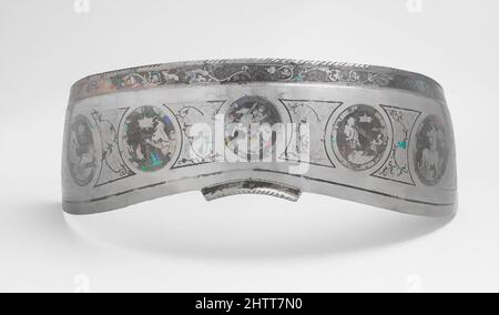 Art inspiré par Cantle plate, env. 1550–60, éventuellement Milan, italien, éventuellement Milan, acier, Or, H. 6 1/2 po. (16,5 cm) ; avec 19 1/2 po (49,5 cm) ; poids 2 lb 8 oz (1,13 kg), équipement équestre-selles, cette plaque de chante est gravée (anciennement dorée) avec cinq scènes emblématiques en rondels, œuvres classiques modernisées par Artotop avec un peu de modernité. Formes, couleur et valeur, impact visuel accrocheur sur l'art émotions par la liberté d'œuvres d'art d'une manière contemporaine. Un message intemporel qui cherche une nouvelle direction créative. Artistes qui se tournent vers le support numérique et créent le NFT Artotop