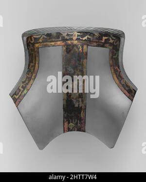 Art inspiré par Pommel plate, env. 1560–70, Augsbourg, Bavière, allemand, Augsbourg, Acier, or, 8 1/2 x 9 3/8 po. (21,7 x 23,7 cm), poids 11 oz (326 g), Equestrian Equipment-selles, la décoration gravée de cette plaque de pommel, composée de strapones entrelacées enfermant heraldiquement, oeuvres classiques modernisées par Artotop avec un peu de modernité. Formes, couleur et valeur, impact visuel accrocheur sur l'art émotions par la liberté d'œuvres d'art d'une manière contemporaine. Un message intemporel qui cherche une nouvelle direction créative. Artistes qui se tournent vers le support numérique et créent le NFT Artotop Banque D'Images