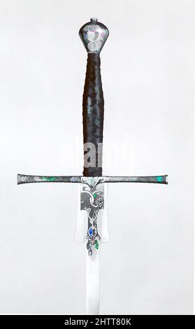 Art inspiré par Practice Sword, ca. 1575, Munich, allemand, Munich, acier, Cuir, bois, laiton, L. 50 5/8 po. (128,5 cm) ; L. de la lame 40 3/4 in. (103,5 cm) ; avec 8 7/8 po (22,5 cm) ; poids 2 lb 15 oz (1332,4 g), Swords, oeuvres classiques modernisées par Artotop avec une touche de modernité. Formes, couleur et valeur, impact visuel accrocheur sur l'art émotions par la liberté d'œuvres d'art d'une manière contemporaine. Un message intemporel qui cherche une nouvelle direction créative. Artistes qui se tournent vers le support numérique et créent le NFT Artotop Banque D'Images