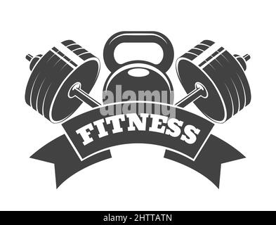 Logo du club de fitness ou d'athlétisme avec kettlebell et barbell isolés sur du blanc. Illustration vectorielle. Illustration de Vecteur