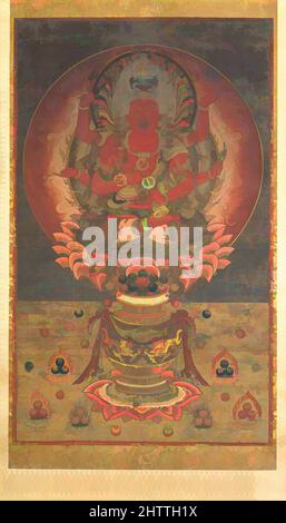 Art inspiré par 愛染明王像, Aizen Myōō, Nanbokuchō période (1336–92), 14th siècle, Japon, Rouleau suspendu ; encre, couleur, or et feuille d'or coupée sur soie, 53 5/16 x 32 7/16 po. (135,4 x 82,4 cm), peintures, corps rouge sang et halo flamboyant d'Aizen Myōō, Roi de la sagesse de la passion, symboliser, oeuvres classiques modernisées par Artotop avec un peu de modernité. Formes, couleur et valeur, impact visuel accrocheur sur l'art émotions par la liberté d'œuvres d'art d'une manière contemporaine. Un message intemporel qui cherche une nouvelle direction créative. Artistes qui se tournent vers le support numérique et créent le NFT Artotop Banque D'Images