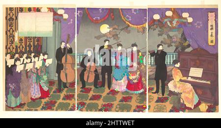 Art inspiré par concert de musique européenne (Ōshū kangengaku gassō no zu), 『欧州管絃楽合奏之図』, période Meiji (1868–1912), 1889, Japon, Triptyque d'impressions de blocs de bois polychrome; encre et couleur sur papier, image: 14 1/2 x 29 po. (36,8 x 73,7 cm), estampes, Yōshū (Hashimoto) Chikanobu (japonais, 1838–, oeuvres classiques modernisées par Artotop avec une touche de modernité. Formes, couleur et valeur, impact visuel accrocheur sur l'art émotions par la liberté d'œuvres d'art d'une manière contemporaine. Un message intemporel qui cherche une nouvelle direction créative. Artistes qui se tournent vers le support numérique et créent le NFT Artotop Banque D'Images