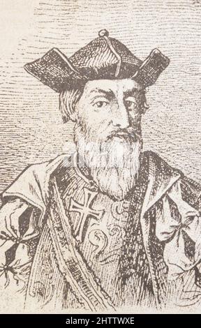 Vasco da Gama. Gravure médiévale. Banque D'Images