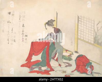 Art inspiré par Woman tissu pliable, époque Edo (1615–1868), 1760–1849, Japon, imprimé polychrome (surimono); encre et couleur sur papier, 5 1/8 x 6 13/16 po. (13 x 17,3 cm), tirages, Katsushika Hokusai (japonais, Tokyo (Edo) 1760–1849 Tokyo (Edo)), dans cette scène suggestive, une femme, œuvres classiques modernisées par Artotop avec une touche de modernité. Formes, couleur et valeur, impact visuel accrocheur sur l'art émotions par la liberté d'œuvres d'art d'une manière contemporaine. Un message intemporel qui cherche une nouvelle direction créative. Artistes qui se tournent vers le support numérique et créent le NFT Artotop Banque D'Images