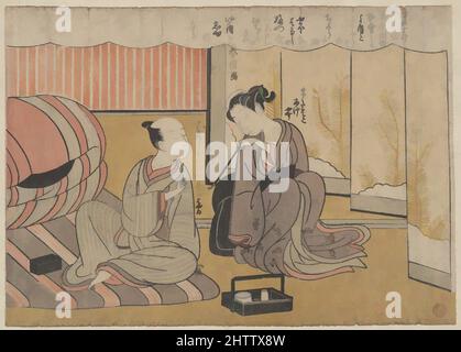 Art inspiré par l'Art de la conversation, époque Edo (1615–1868), Japon, imprimé polychrome sur bois; encre et couleur sur papier, H. 7 5/16 po. (18,6 cm) ; avec 10 3/16 po (25,9 cm), Prints, Suzuki Harunobu (japonais, 1725–1770, œuvres classiques modernisées par Artotop avec une touche de modernité. Formes, couleur et valeur, impact visuel accrocheur sur l'art émotions par la liberté d'œuvres d'art d'une manière contemporaine. Un message intemporel qui cherche une nouvelle direction créative. Artistes qui se tournent vers le support numérique et créent le NFT Artotop Banque D'Images