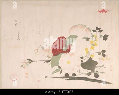 Art inspiré par Spring Rain Collection (Harusame shū), vol. 2: Fleurs coupées: Clematis, Bush Clover, Iris, Camellia, et Azalea, 『春雨集』 摺物帖, époque Edo (1615–1868), 1815 (année de l'Ox), Japon, gravures en blocs de bois publiées en privé (surimono) montées dans un album; encre et couleur sur papier, 8, œuvres classiques modernisées par Artotop avec une touche de modernité. Formes, couleur et valeur, impact visuel accrocheur sur l'art émotions par la liberté d'œuvres d'art d'une manière contemporaine. Un message intemporel qui cherche une nouvelle direction créative. Artistes qui se tournent vers le support numérique et créent le NFT Artotop Banque D'Images