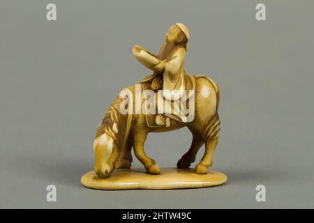 Art inspiré par Netsuke of Man Riding a Horse, 18th–19th Century, Japon, Ivoire, H. 1 1/2 in. (3,8 cm) ; avec 1 3/8 po (3,5 cm) ; D. 5/8 po (1,6 cm), Netsuke, oeuvres classiques modernisées par Artotop avec une touche de modernité. Formes, couleur et valeur, impact visuel accrocheur sur l'art émotions par la liberté d'œuvres d'art d'une manière contemporaine. Un message intemporel qui cherche une nouvelle direction créative. Artistes qui se tournent vers le support numérique et créent le NFT Artotop Banque D'Images