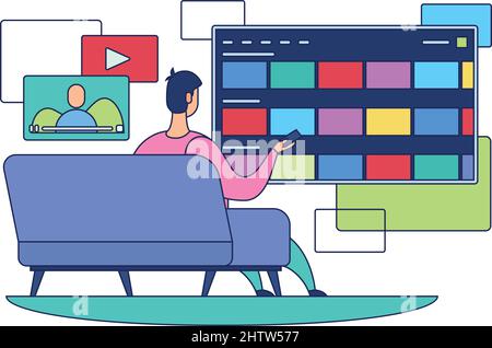 Image de concept de service de streaming Homme sur table avec contrôle tv Vector Illustration de Vecteur