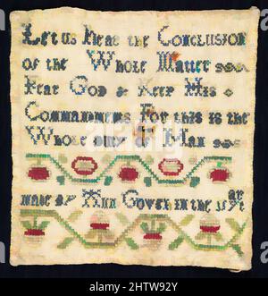 Art inspiré par Sampler fait dans une école de charité, 19th siècle, britannique, broderie de soie sur le lin, H. 2 5/8 x W. 2 1/2 pouces (6,7 x 6,4 cm), textiles brodés, les premières écoles de charité britanniques pour les enfants pauvres et orphelins ont été fondées autour du pays par le gentry local, à, Œuvres classiques modernisées par Artotop avec une touche de modernité. Formes, couleur et valeur, impact visuel accrocheur sur l'art émotions par la liberté d'œuvres d'art d'une manière contemporaine. Un message intemporel qui cherche une nouvelle direction créative. Artistes qui se tournent vers le support numérique et créent le NFT Artotop Banque D'Images