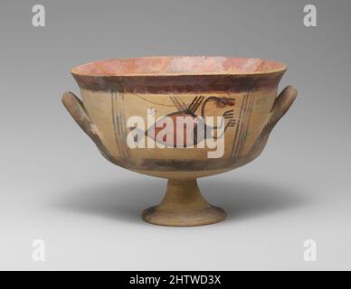 Art inspiré par la terre cuite kylix (CUP), Cypro-Geometric III, 850–750 av. J.-C., chypriote, terre cuite, H. 4 1/2 po (11,4 cm) ; diamètre 6 1/4 po. (15,9 cm), vases, Kylix de forme angulaire, de chaque côté un oiseau entre des bandes verticales, oeuvres classiques modernisées par Artotop avec un peu de modernité. Formes, couleur et valeur, impact visuel accrocheur sur l'art émotions par la liberté d'œuvres d'art d'une manière contemporaine. Un message intemporel qui cherche une nouvelle direction créative. Artistes qui se tournent vers le support numérique et créent le NFT Artotop Banque D'Images