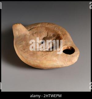 Art inspiré par Lamp, fin Impérial, 3rd siècle A.D., romain, chypriote, Terre cuite, total : 1 3/8 x 3 po. (3,5 x 7,6 cm), terracottas, oeuvres classiques modernisées par Artotop avec une touche de modernité. Formes, couleur et valeur, impact visuel accrocheur sur l'art émotions par la liberté d'œuvres d'art d'une manière contemporaine. Un message intemporel qui cherche une nouvelle direction créative. Artistes qui se tournent vers le support numérique et créent le NFT Artotop Banque D'Images