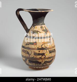 Art inspiré par l'oinochoe en terre cuite : olpe (verseuse), Transitional, env. 630–615 C.-B., grec, Corinthien, terre cuite, H. 14 5/16 po. (36,4 cm), vases, quatre frises avec des animaux Olpai ont été grandement favorisés par les artistes corinthiens, en particulier au cours des trois dernières décennies du septième siècle, oeuvres classiques modernisées par Artotop avec un peu de modernité. Formes, couleur et valeur, impact visuel accrocheur sur l'art émotions par la liberté d'œuvres d'art d'une manière contemporaine. Un message intemporel qui cherche une nouvelle direction créative. Artistes qui se tournent vers le support numérique et créent le NFT Artotop Banque D'Images