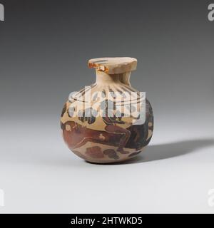 Art inspiré par les aryballos en terre cuite (ballon à huile), début Corinthian, env. 620–590 av. J.-C., grec, Corinthien, terre cuite; figure noire, H. : 2 1/4 po (5,7 cm), vases, Rider galopant à droite, oeuvres classiques modernisées par Artotop avec un peu de modernité. Formes, couleur et valeur, impact visuel accrocheur sur l'art émotions par la liberté d'œuvres d'art d'une manière contemporaine. Un message intemporel qui cherche une nouvelle direction créative. Artistes qui se tournent vers le support numérique et créent le NFT Artotop Banque D'Images