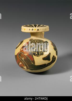 Art inspiré par les aryballos en terre cuite (ballon à huile), Transitional, env. 640–625 av. J.-C., grec, Corinthien, terre cuite; figure noire, H. 2 1/4 po (5,7 cm), vases, sur le corps, lion ailé entouré de rosettes dans le champ, oeuvres classiques modernisées par Artotop avec une touche de modernité. Formes, couleur et valeur, impact visuel accrocheur sur l'art émotions par la liberté d'œuvres d'art d'une manière contemporaine. Un message intemporel qui cherche une nouvelle direction créative. Artistes qui se tournent vers le support numérique et créent le NFT Artotop Banque D'Images