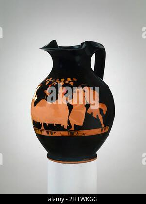 Art inspiré par l'oinochoe en terre cuite (carafe), classique, 4th Century B.C., grec, Attique, Terre cuite ; figure rouge, H. : 8 po. (20,3 cm), vases, Dionysos, le dieu du vin, salutation femme et trois jeunes, dont deux portent des torches, oeuvres classiques modernisées par Artotop avec un peu de modernité. Formes, couleur et valeur, impact visuel accrocheur sur l'art émotions par la liberté d'œuvres d'art d'une manière contemporaine. Un message intemporel qui cherche une nouvelle direction créative. Artistes qui se tournent vers le support numérique et créent le NFT Artotop Banque D'Images