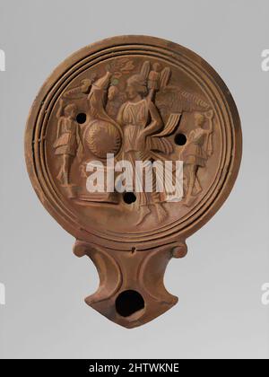 Art inspiré par une lampe à huile en terre cuite, ancienne Impériale, 1st siècle avant J. D., romaine, terre cuite ; Moulé, H. 1 po. (2,5 cm) ; longueur 4 9/16 po. (11,6 cm), terracottas, sur la discus est ailée victoire tenant une cornucopia (corne d'abondance) dans sa main droite et un trophée sur un poteau dans sa gauche, oeuvres classiques modernisées par Artotop avec un peu de modernité. Formes, couleur et valeur, impact visuel accrocheur sur l'art émotions par la liberté d'œuvres d'art d'une manière contemporaine. Un message intemporel qui cherche une nouvelle direction créative. Artistes qui se tournent vers le support numérique et créent le NFT Artotop Banque D'Images