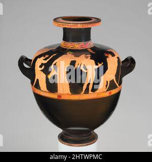 Art inspiré par l'hydrie en terre cuite (vase d'eau), classique, ca. 430 av. J.-C., grec, Attique, terre cuite ; figure rouge, H. 16 3/4 po (42,49 cm) ; diamètre 12 3/16 po. (31 cm), vases, Eros présentant des chaussures à la mariée, entouré de marié, deux autres hommes, et quatre femmes. La décoration d'un hydria est, des œuvres classiques modernisées par Artotop avec un peu de modernité. Formes, couleur et valeur, impact visuel accrocheur sur l'art émotions par la liberté d'œuvres d'art d'une manière contemporaine. Un message intemporel qui cherche une nouvelle direction créative. Artistes qui se tournent vers le support numérique et créent le NFT Artotop Banque D'Images