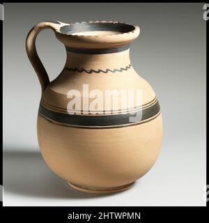 Art inspiré par Jug, classique tardif, 4th siècle avant J.-C., grec oriental, terre cuite, H. avec poignée de 7 po (17,8 cm), vases, oeuvres classiques modernisées par Artotop avec une touche de modernité. Formes, couleur et valeur, impact visuel accrocheur sur l'art émotions par la liberté d'œuvres d'art d'une manière contemporaine. Un message intemporel qui cherche une nouvelle direction créative. Artistes qui se tournent vers le support numérique et créent le NFT Artotop Banque D'Images