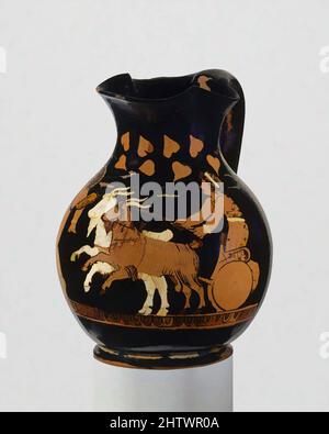 Art inspiré par l'oinochoe de terre cuite : chos (carafe), classique, ca. 400 av. J.-C., grec, Attique, terre cuite ; figure rouge, 4in. (10,2cm), vases, Boy conduisant un char tiré par chèvre précédé d'un garçon avec chous. La représentation, avec les animaux vivants et la polychromie, est particulièrement captivante, les oeuvres classiques modernisées par Artotop avec un peu de modernité. Formes, couleur et valeur, impact visuel accrocheur sur l'art émotions par la liberté d'œuvres d'art d'une manière contemporaine. Un message intemporel qui cherche une nouvelle direction créative. Artistes qui se tournent vers le support numérique et créent le NFT Artotop Banque D'Images