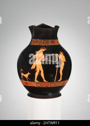 Art inspiré par l'oinochoe de terre cuite: Chos (carafe), archaïque, ca. 490–480 C.-B., grec, Attique, terre cuite ; figure rouge, H. 9 3/8 po (23,8 cm), vases, jeunes jouant au lyre et écoute de garçon. Le chous (pl. Choes) servi pour prendre le vin d'un krater et versé dans une tasse à boire. Il a également été, les œuvres classiques modernisées par Artotop avec un peu de modernité. Formes, couleur et valeur, impact visuel accrocheur sur l'art émotions par la liberté d'œuvres d'art d'une manière contemporaine. Un message intemporel qui cherche une nouvelle direction créative. Artistes qui se tournent vers le support numérique et créent le NFT Artotop Banque D'Images