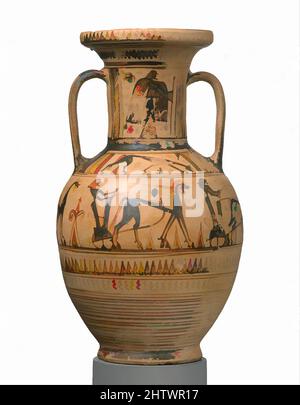 Art inspiré par les amphores à cou en terre cuite, Proto-Attic, début du 7th siècle avant J.-C., grec, Attique, terre cuite, H. 11 11/16 po. (29,7 cm), vases, le style de ce vase représente la transition de géométrique, avec sa prépondérance d'ornement et son idiome artistique libre, à ce qui serait, oeuvres classiques modernisées par Artotop avec un peu de modernité. Formes, couleur et valeur, impact visuel accrocheur sur l'art émotions par la liberté d'œuvres d'art d'une manière contemporaine. Un message intemporel qui cherche une nouvelle direction créative. Artistes qui se tournent vers le support numérique et créent le NFT Artotop Banque D'Images