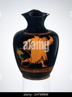 Art inspiré par l'oinochoe de terre cuite : chos (carafe), classique, ca. 470 av. J.-C., grec, Attique, terre cuite ; figure rouge, H. 6 1/2 po (16,5 cm), vases, Ganymede avec joue et cerceau. Renommé pour sa beauté, Ganymede était un scion de la maison royale de Trojan. Zeus l'a souhaité être les dieux, oeuvres classiques modernisées par Artotop avec un peu de modernité. Formes, couleur et valeur, impact visuel accrocheur sur l'art émotions par la liberté d'œuvres d'art d'une manière contemporaine. Un message intemporel qui cherche une nouvelle direction créative. Artistes qui se tournent vers le support numérique et créent le NFT Artotop Banque D'Images