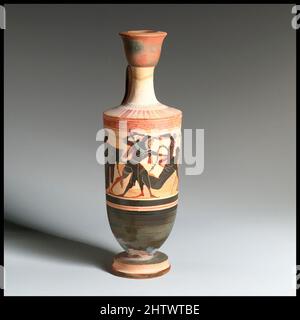 Art inspiré par Lekythos, archaïque, 6th Century B.C., grec, Attique, Terre cuite ; figure noire, total : 8 1/2 po (21,6 cm), vases, oeuvres classiques modernisées par Artotop avec une touche de modernité. Formes, couleur et valeur, impact visuel accrocheur sur l'art émotions par la liberté d'œuvres d'art d'une manière contemporaine. Un message intemporel qui cherche une nouvelle direction créative. Artistes qui se tournent vers le support numérique et créent le NFT Artotop Banque D'Images