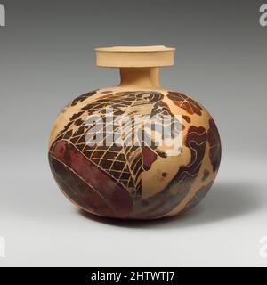 Art inspiré par les aryballos en terre cuite (ballon à huile), début Corinthian, env. 620–590 av. J.-C., grec, Corinthien, terre cuite; figure noire, H. 3 3/4 po (9,6 cm), vases, avant-partie d'un lion, oeuvres classiques modernisées par Artotop avec une touche de modernité. Formes, couleur et valeur, impact visuel accrocheur sur l'art émotions par la liberté d'œuvres d'art d'une manière contemporaine. Un message intemporel qui cherche une nouvelle direction créative. Artistes qui se tournent vers le support numérique et créent le NFT Artotop Banque D'Images