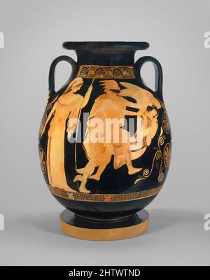 Art inspiré par la terre cuite en forme de pot, classique, ca. 450–440 C.-B., grec, Attique, terre cuite ; figure rouge, H. 18 13/16 po (47,8 cm), vases, Obverse, Perseus décapitation de la Medusa dormante, Reverse, roi Polypeithes entre deux femmes. Perseus a été envoyé pour obtenir le chef de Medusa, les œuvres classiques modernisées par Artotop avec un peu de modernité. Formes, couleur et valeur, impact visuel accrocheur sur l'art émotions par la liberté d'œuvres d'art d'une manière contemporaine. Un message intemporel qui cherche une nouvelle direction créative. Artistes qui se tournent vers le support numérique et créent le NFT Artotop Banque D'Images